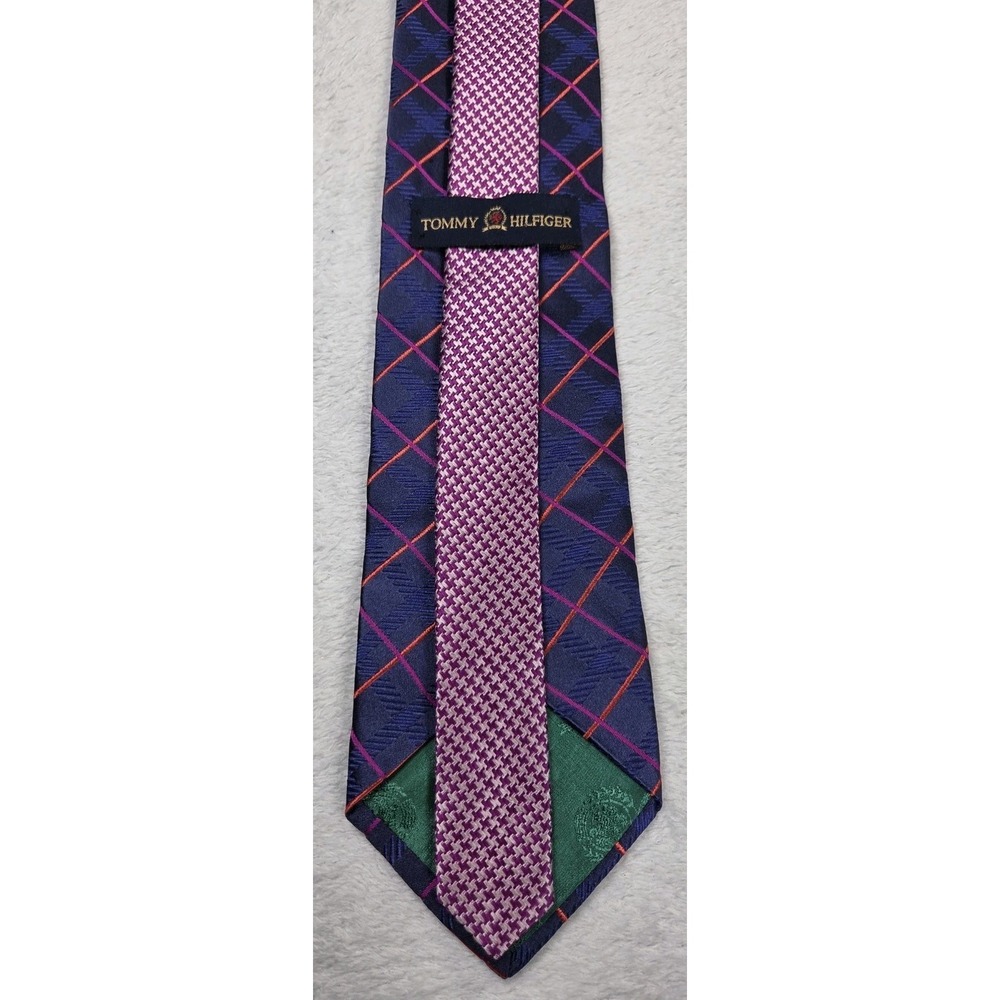 Vintage 90s Y2K Tommy Hilfiger Silk Tie Navy Pink Windowpane Plaid Houndstooth